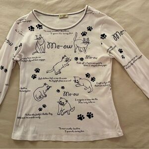 White Long Sleeve Cat Print Top rhinestone Medium